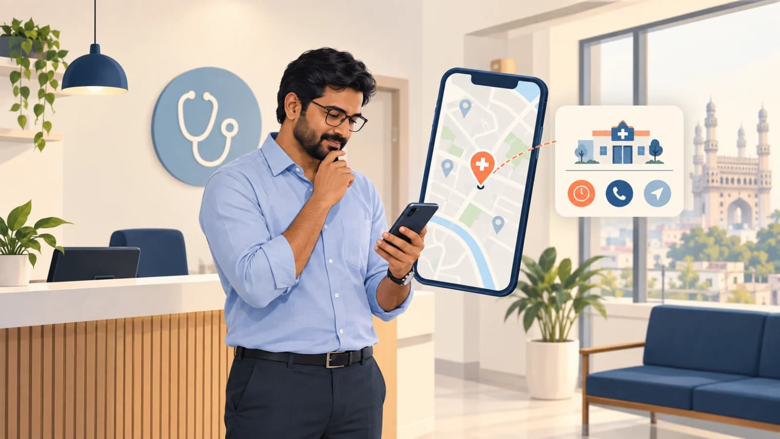 Illustration of a clinic administrator checking a clinic location and contact details on a neighbourhood map