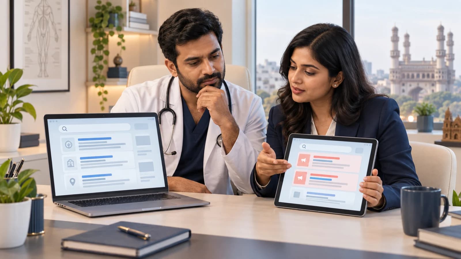 Illustration of a Hyderabad clinic owner and marketing adviser comparing organic and paid search plans at a desk