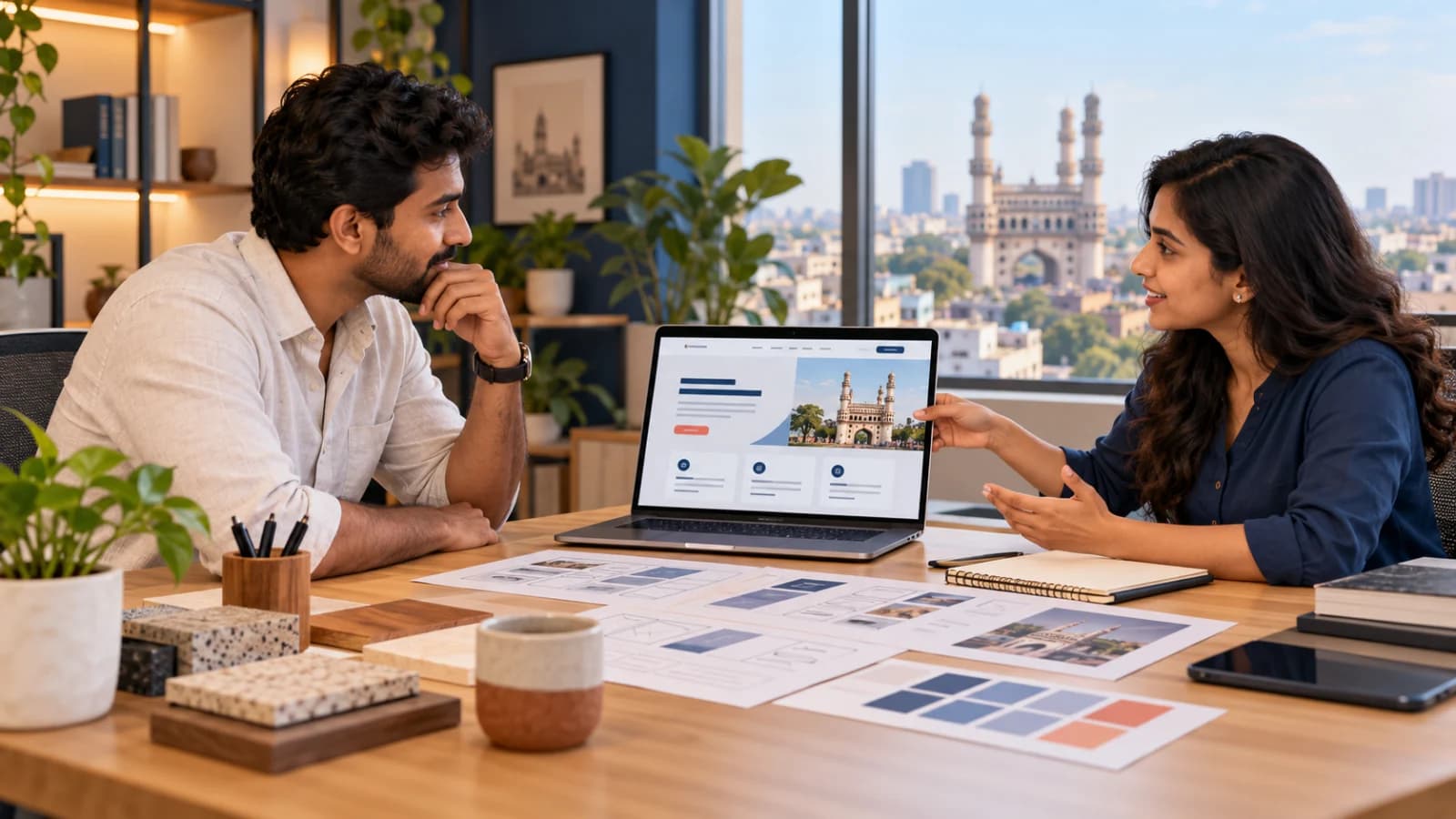 Illustration of a business owner and website designer reviewing a website brief and layouts at a desk